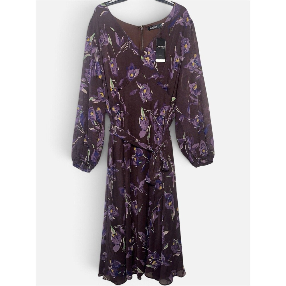 NWT Lauren Ralph Lauren Floral Belted Crinkle Georgette Dress Brown Size 22W
